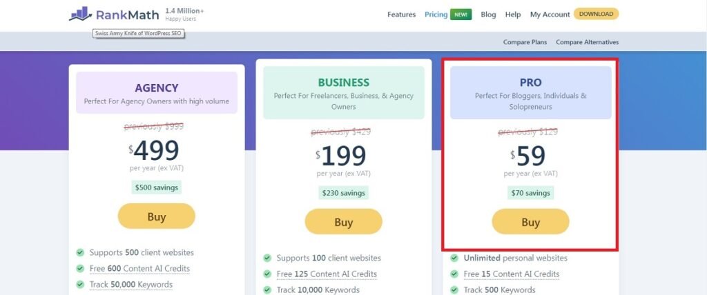 Rank Math Pro Pricing
